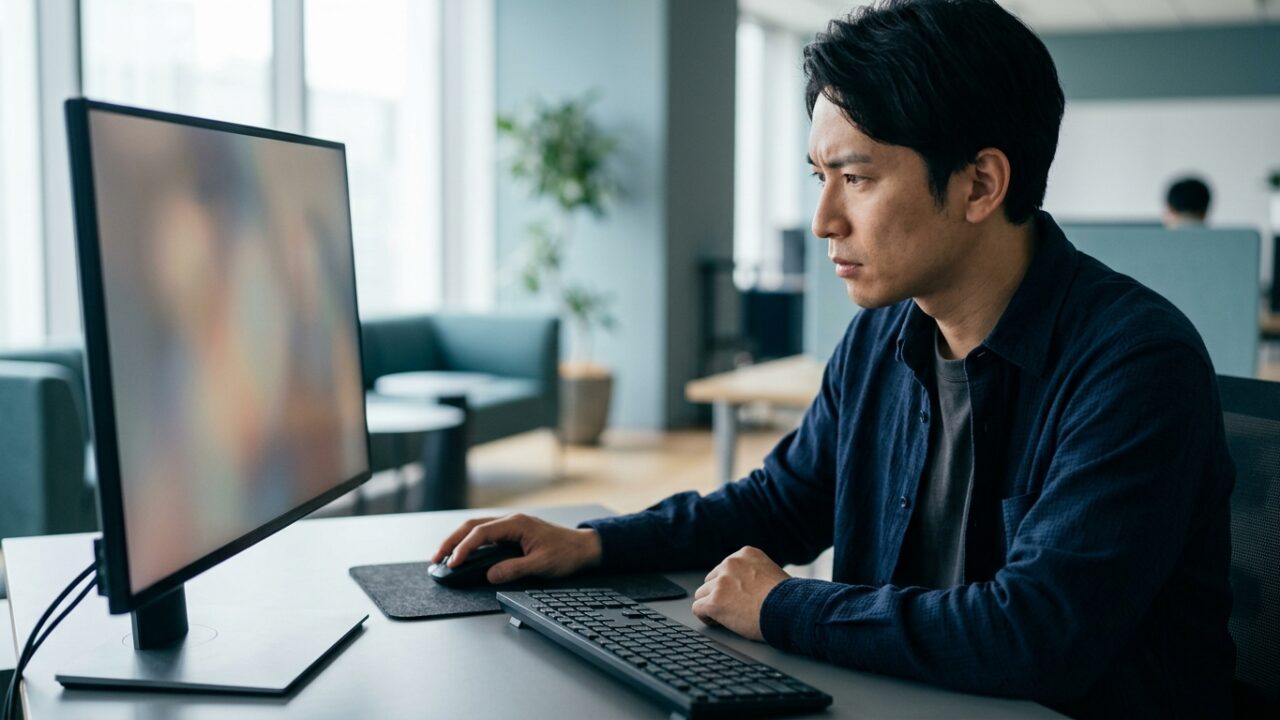 データの日次集計ができず机のモニタ前で考える男性