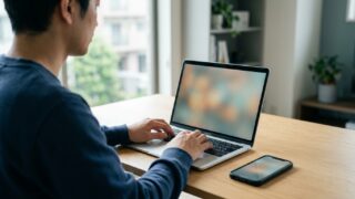 自動化の判断基準を考えながらノートパソコンを操作する男性の手元