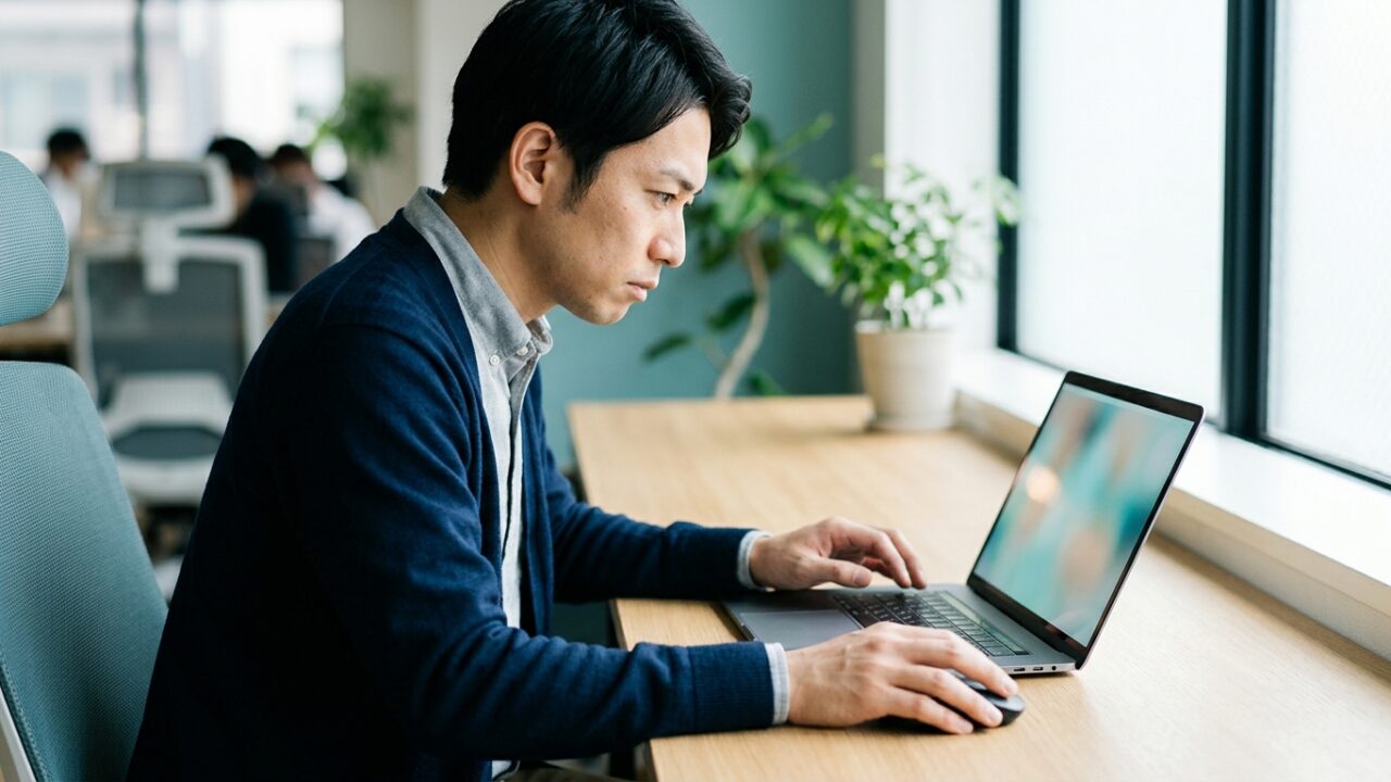 パソコンの画面を見ながら原因を調べている様子
