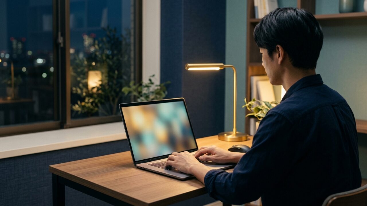 夜にノートPCのキーボードを打つ男性の後ろ姿
