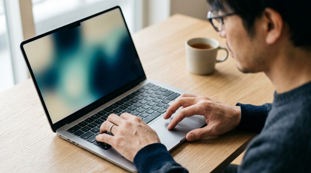 ノートPCを操作する手元のクローズアップ