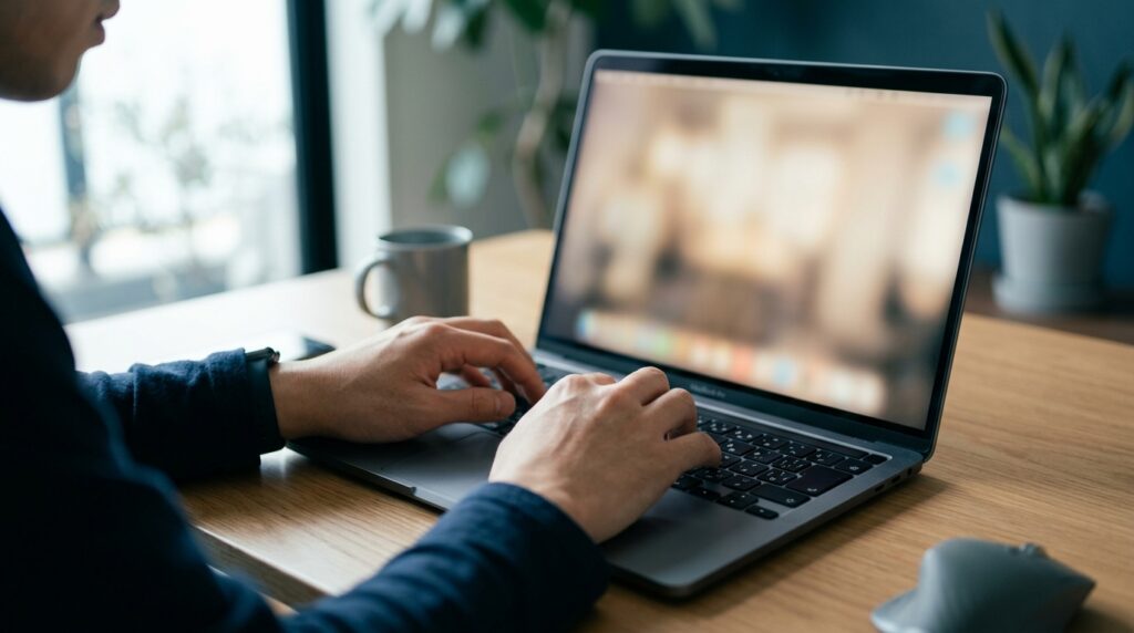 ノートPCのキーボードを操作する手元のクローズアップ