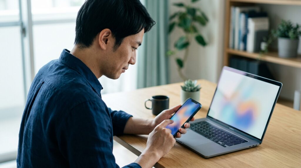 スマホとノートパソコンで情報を確認する男性