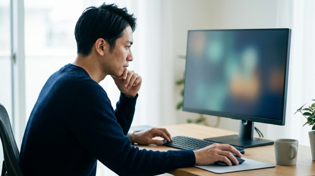 モニターの前で画面を見ながら考えている男性
